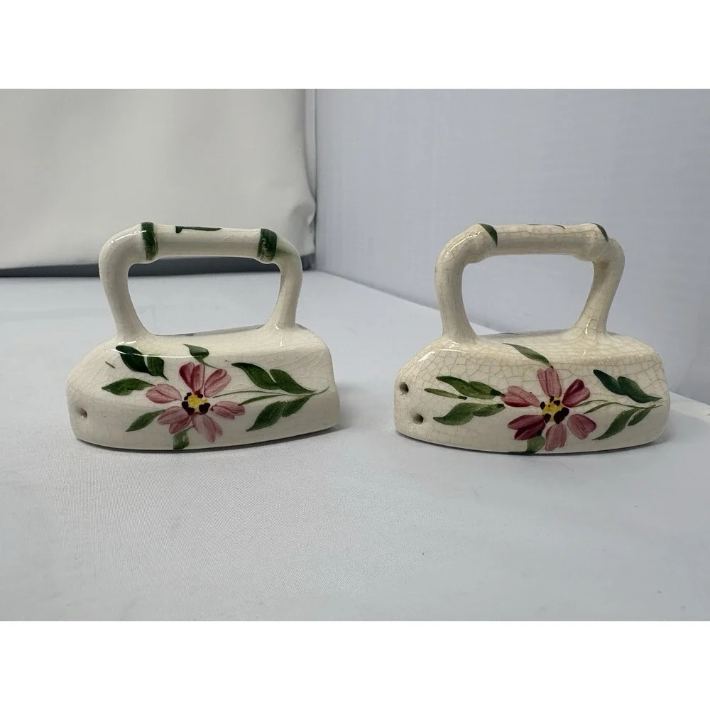 Vintage 50s Hand Painted Floral Ceramic Sad Iron Salt and Pepper Shakers Kitsch